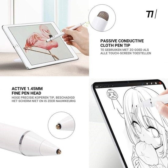 Tikkens Stylus Pen - 2 In 1 Active Pencil Geschikt Voor Tablet, Ipad, Android en Apple Telefoons - Wit