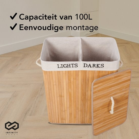 Infinity Goods Wasmand met Deksel XL - Bamboe - 2 Vakken - Wassorteerder - 2 Wasbare Katoenen Waszakken - Handvatten - 100 Liter - Natuurlijk Bruin
