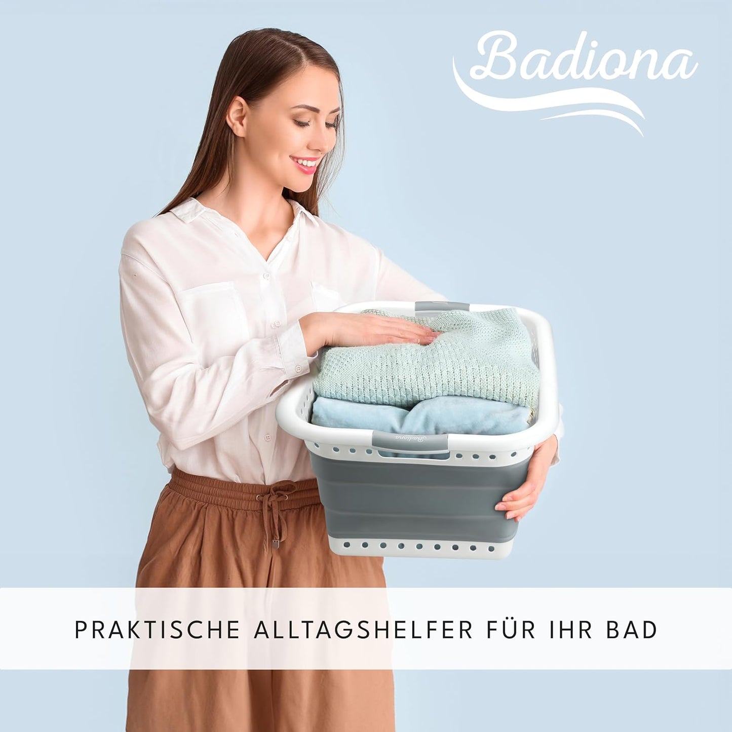 BADIONA Set van 2 Opvouwbare Wasmanden 36L – Grijs/Wit – 61 x 45 x 27 cm – Ruimtebesparend en Multifunctioneel