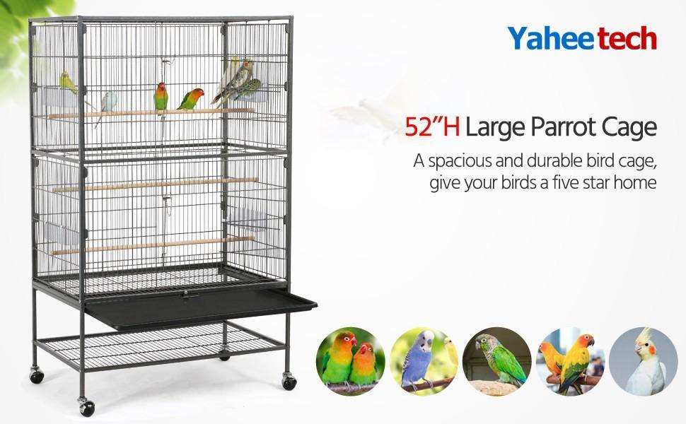 Yaheetech Vogelkooi 132 cm - Zwart - Groot - Met Standaard - 3 Zitstokken - 4 Voerbakken - Verrijdbaar