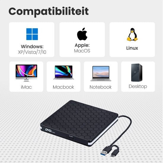 Auronic Externe DVD Speler - Voor Laptop en Brander - USB 3.0 of USB C - Windows, MacOS & Linux - Incl. Hoes + Kabel