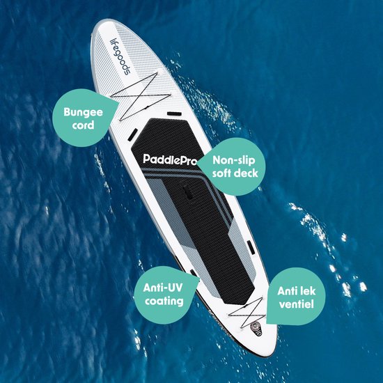 LifeGoods SUP Board Tandem - 2 Personen - 220 KG Draagkracht - 381 x 86 cm - Opblaasbaar - Compleet Sup pakket - Wit/Zwart