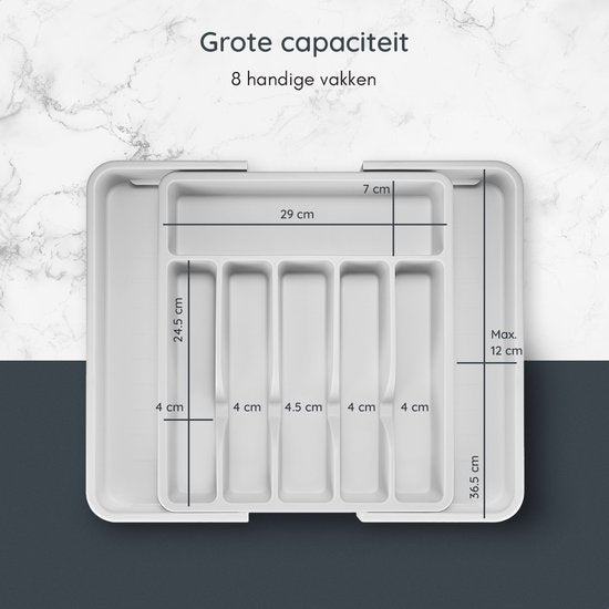 Deleca Uitschuifbaar Bestekbak met 8 Vakken - Besteklade Organizer - Keukenlade Bestek Organiser - Bestekhouder Keuken - 57 x 38 cm - Kunststof / Wit Grijs