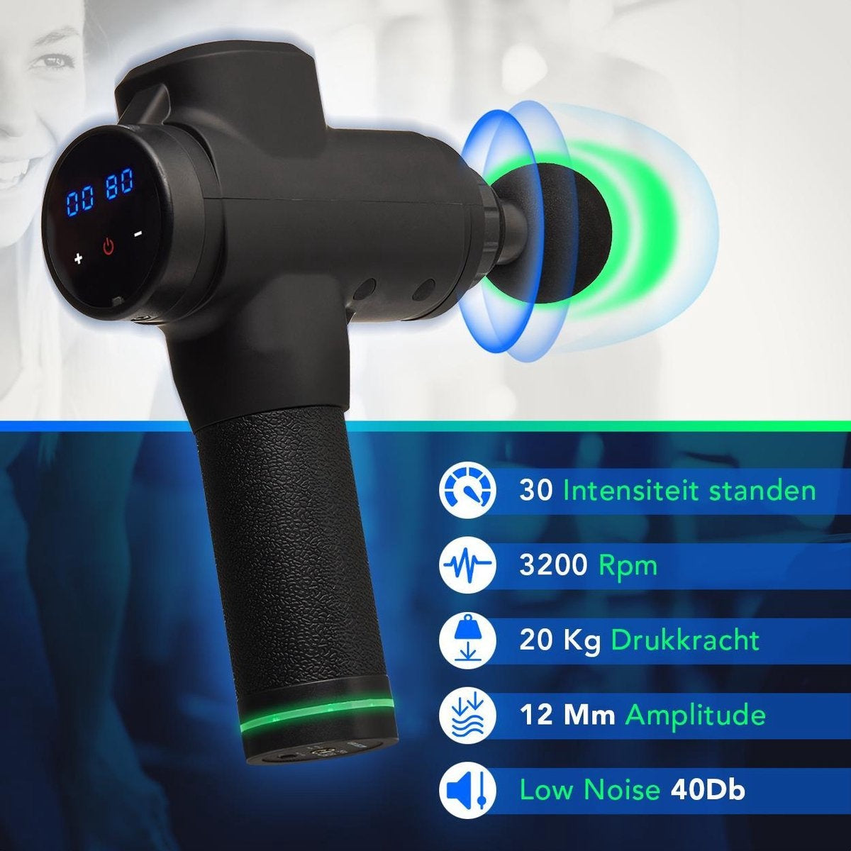 Auronic Massage Gun - 6 Opzetstukken - 30 Standen - Professioneel Massage Apparaat - Zwart