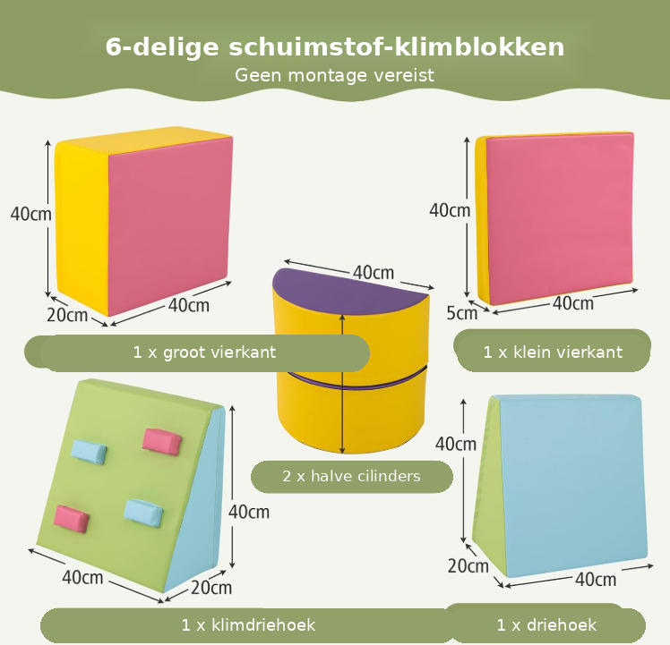 COSTWAY Zachte Bouwstenen Set - 6-delig - Klim-, Kruip- en Speelblokken - 40 x 40 x 20 cm - Meerkleurig
