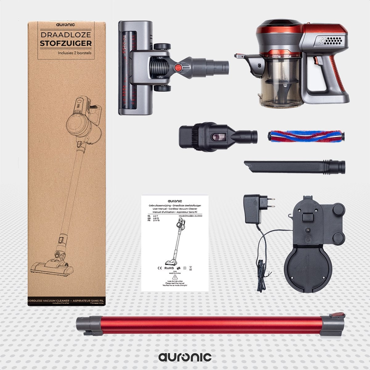 Auronic Steelstofzuiger Draadloos - Zonder Zak - Op Accu - 4-in-1 - 160W - Vacuum Cleaner - Rood/Grijs - Draadloze stofzuiger