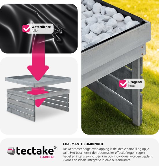 tectake® Garage voor robotmaaier - Houten behuizing met groendak, plantenbak, bloembak - Tuinopslag voor grasmaaier - Weer- en UV-bestendig - 84 x 78 x 46 cm