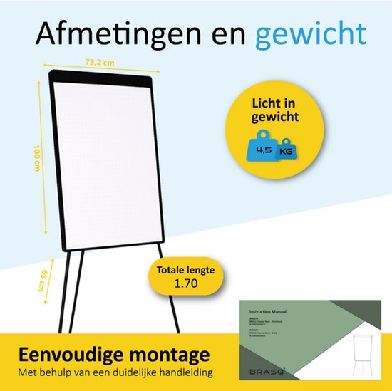 BRASQ Flipover - 70x100 cm - Verstelbaar Whiteboard - Inclusief 25 vellen papier, 4 Stiften, 8 Magneten, Wisser - Magnetisch bord met Haken - Magneetbord - Zwart
