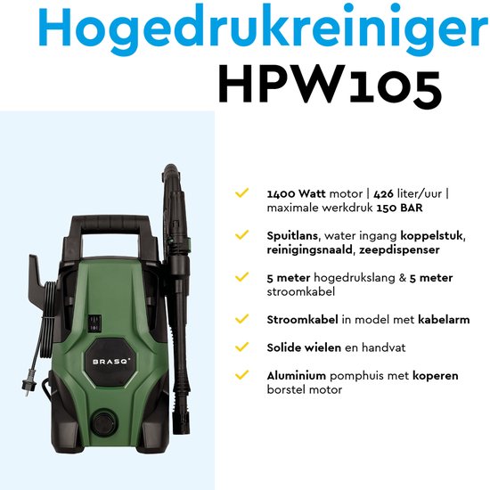 BRASQ Hogedrukreiniger HPW 105 - Terrasreiniger - Hogedrukspuit - 1400W - 105 bar - 426 L/H - Complete set