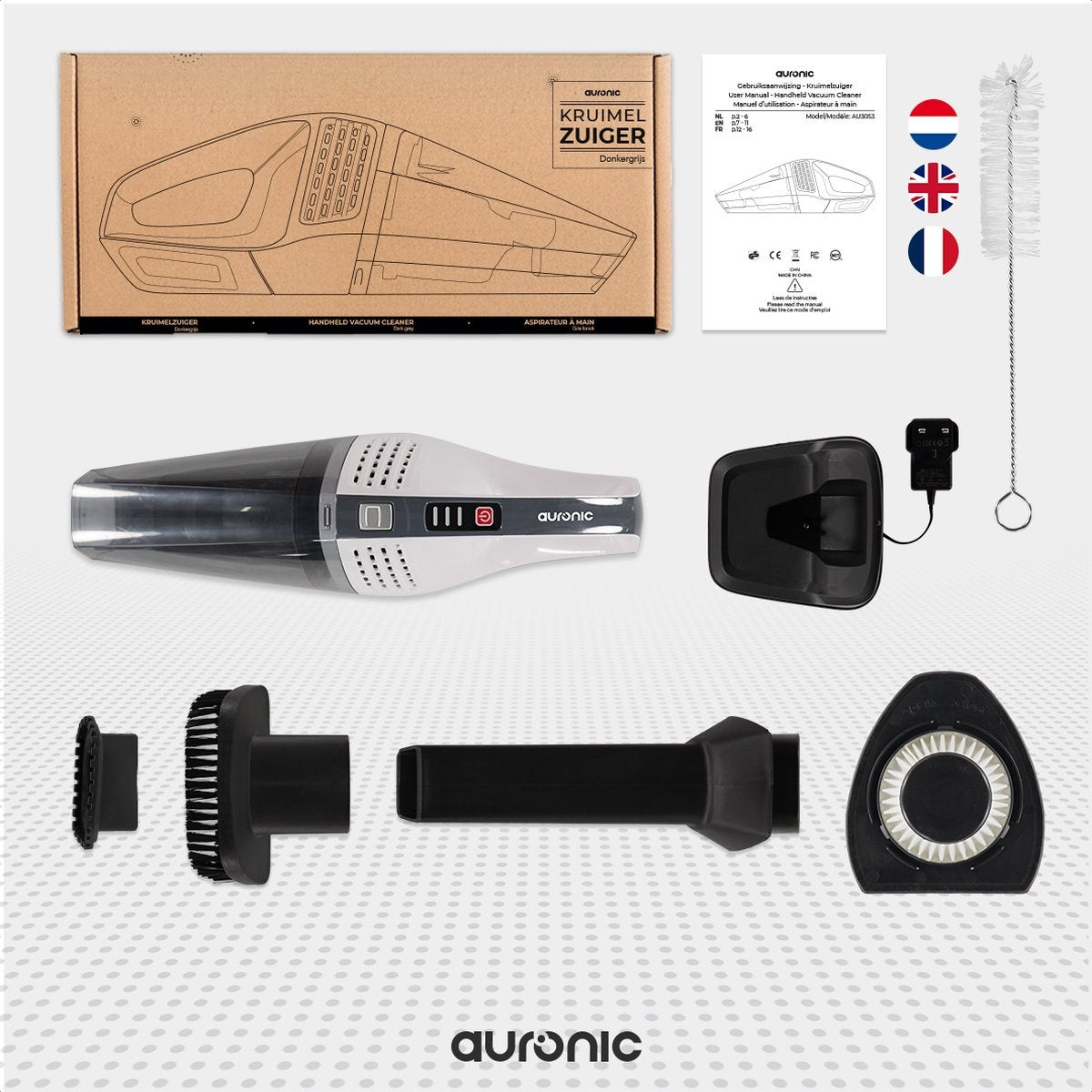 Auronic Kruimelzuiger - Handstofzuiger - Snoerloos - Nat en Droog - HEPA Filter - Donkergrijs - Met Opzetstukken