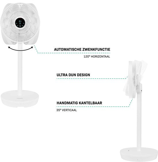 VONROC BREEZE Draadloze Ventilator – Fluisterstil (<44 dB) – 24 snelheden – lichtgewicht en draagbaar - 3 windmodi: Natuurlijk, Slaap, Normaal – Modulair: tafelventilator én vloerventilator – Luxe touchdisplay – Incl. afstandsbediening – Wit