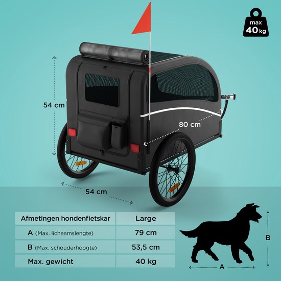 Trevopet® Hondenfietskar - Opvouwbare Fietskar Hond - Hondenkar - Geschikt voor E-Bikes - Tot 40 kg - Voor Middelgrote & Grote Honden - Zwart