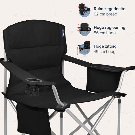 TRVLMORE Campingstoel - Opvouwbaar - Comfortabele Vouwstoel - 150 kg draagvermogen - Drankhouder - Koelvak - Zijvak - Zwart