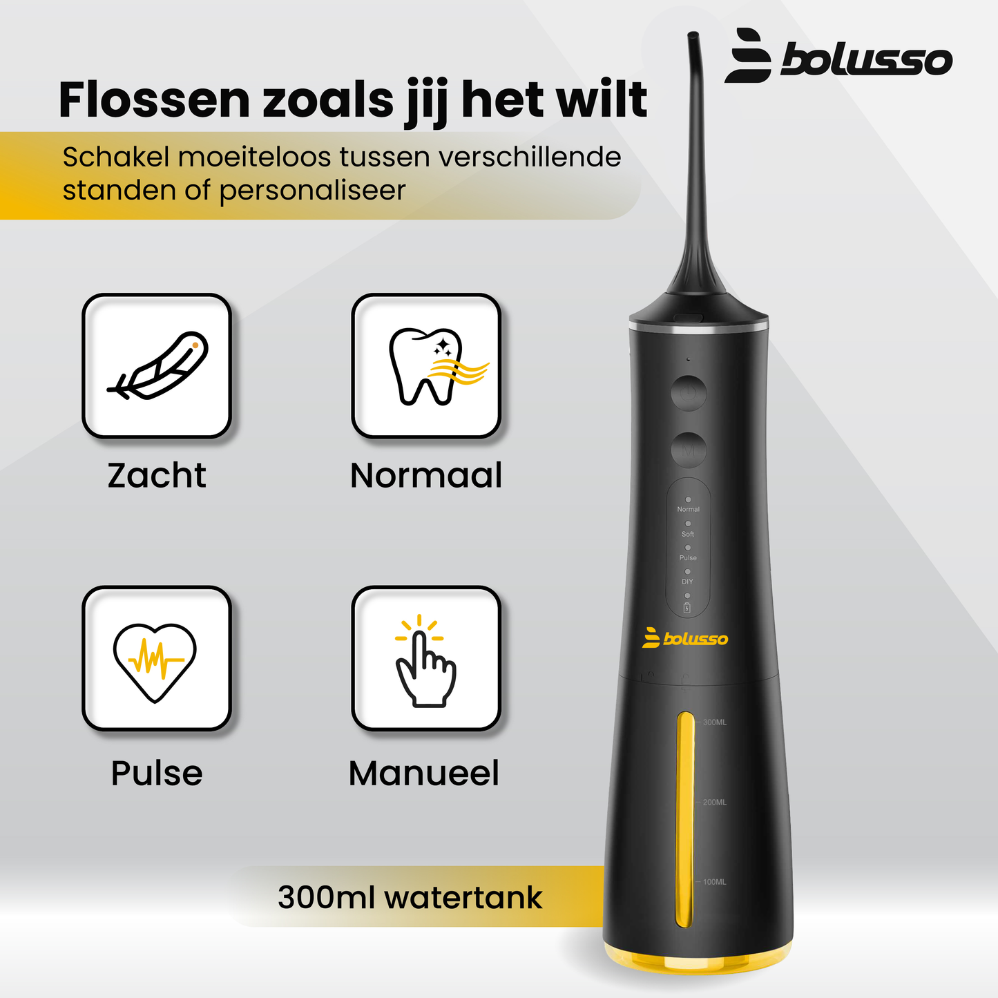 Bolusso Waterflosser - Inclusief 7 Opzetstukken - Reistas - E-book - Volledig instelbaar - Monddouche - Tongreiniger - Mondverzorging - Tandplak Verwijderaar - Beugel Schoonmaken - Tandsteenverwijderaar - Flosapparaat - NIEUW model