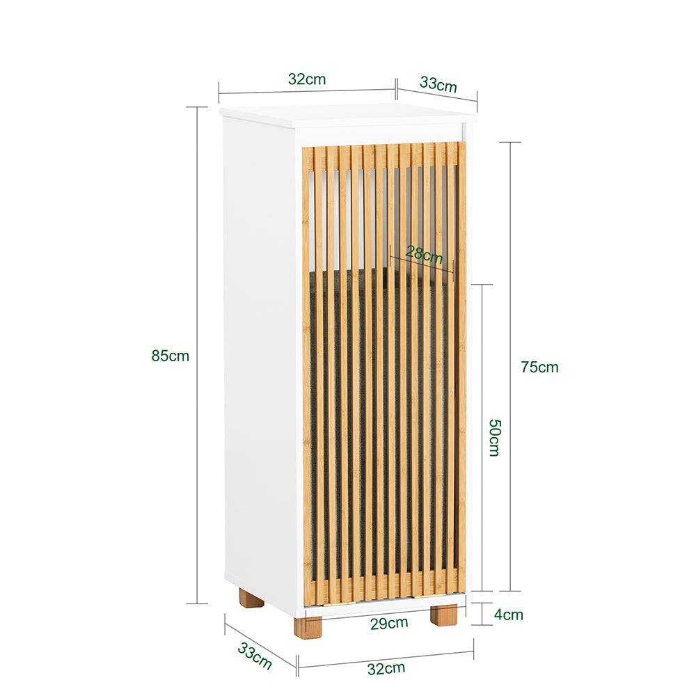 SoBuy Staande Badkamerkast - Smal Badkamerkastje - 1 Kantelbare wasmand - 1 Bamboe deur - 32 x 33 x 85 cm - Wit