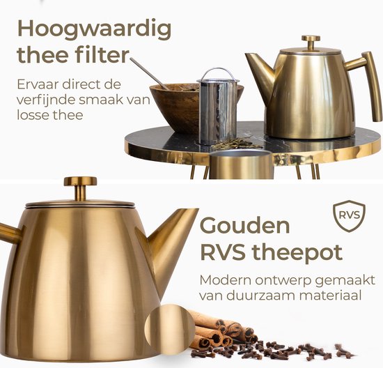 Vaja® Theepot Juliette Goud - Dubbelwandig - 1 Liter - RVS Theekan met Filter & Warmhouder