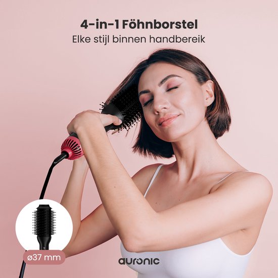 Auronic 4-in-1 Föhnborstel - Airstyler - Kammen - Stijlen - Krullen - Föhnen - 37 mm Krulborstel - 360 Graden Airflow - Zwart/Roze
