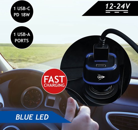 Dunlop Autolader USB – 18W Fast Charge – USB-A & USB-C – Power Delivery – Sigarettenaansteker