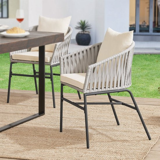 2 Tuinstoelen met touwgaas - Lichtgrijs - Incl. Rug- en zitkussens