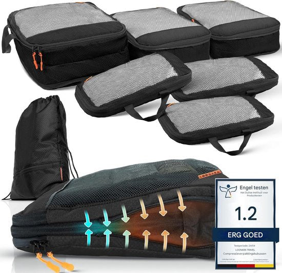 Packing Cubes met compressie voor koffer en rugzak incl. pakzak, Midnight Escape - Zwart