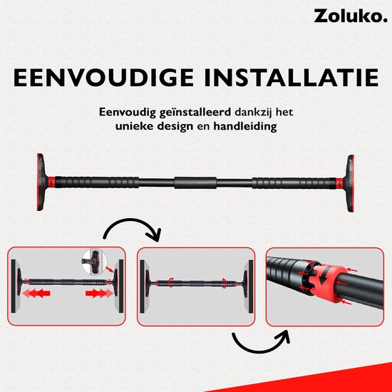Zoluko Professionele Pull Up Bar - 200kg Draagkracht - Incl. E-book - Eenvoudige Bevestiging - Optrekstang Fitness - Pull Up Station voor Thuis Sporten - Chin Up Bar - Zwart/Rood