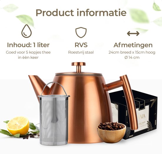 Vaja® Theepot Juliette Rosé - Dubbelwandig - 1 Liter - RVS Theekan met Filter & Warmhouder