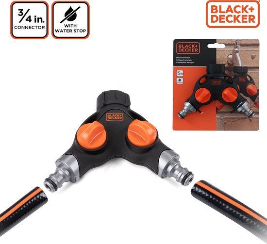 BLACK+DECKER Kraanstuk - 3/4 Inch Connector - Waterstop - 2 Weg Splitser - Zwart/ Oranje