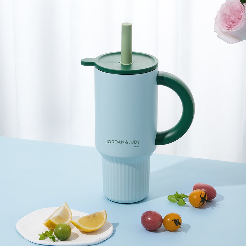 JORDAN&JUDY Subor dubbelwandige stalen beker met rietje, waterbeker voor in de auto, hoogwaardige ijscup groen (920ml)