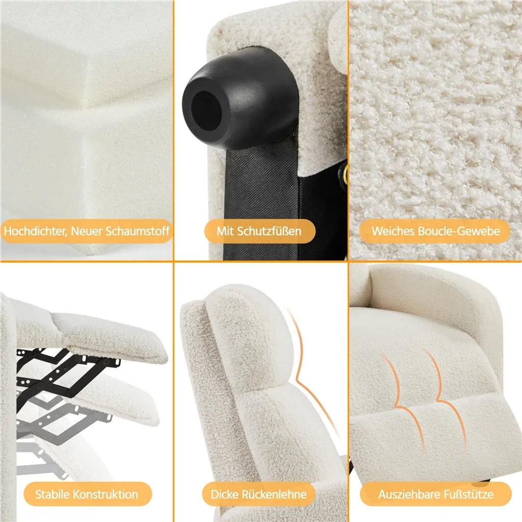 Yaheetech Relaxfauteuil - Verstelbare Rugleuning - Voetsteun - Bouclé - Crème