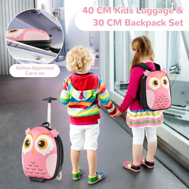 2-Delige Kinderkofferset met 40 cm Kinderkoffer & 30 cm Rugzak Rollende Koffer Reistrolleykofferset voor Kinderen - Roze - Uil