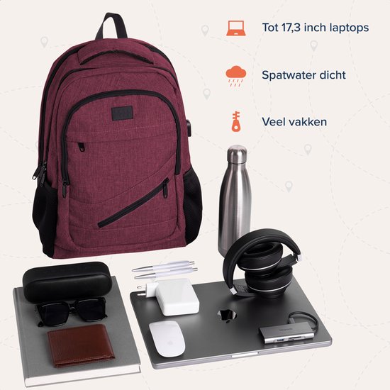 TRVLMORE Rugzak met Levenslange - Rugtas met 17 Inch Laptopvak - Schooltas - Spatwaterdicht - Heren en Dames - Jongens en Meisjes - 36L - Burgundy