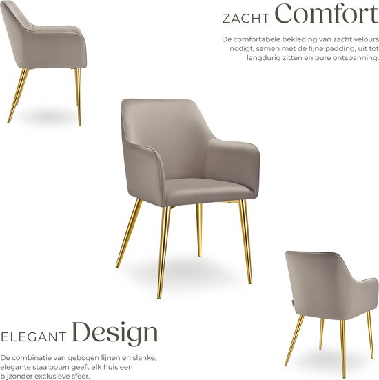 tectake® Eetkamerstoel Avane - Fluweellook - Gestoffeerde stoel met ergonomische armleuningen - Slanke stalen gouden poten - Draagkracht 120 kg - Comfortabele eetkamer- en keukenstoel - Set van 2 - Taupe