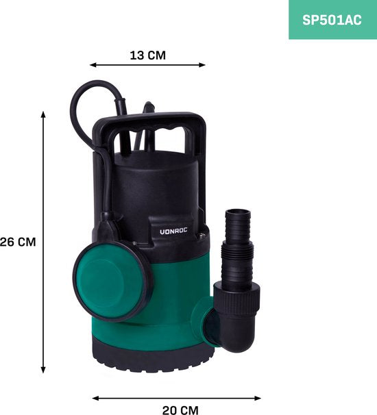 VONROC Dompelpomp/Waterpomp 300W - 6500l/h - Voor schoon en licht vervuild water - Met vlotter