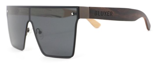 Bluxer® Zonnebril - Hippe Zonnebril Gepolariseerd - UV400 Lens - Oversize RVS Frame - Ebony Veneer Wood - Grijze Lens