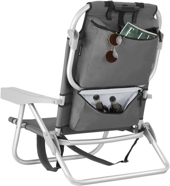 tectake® Strandstoel Coral - Opvouwbare Campingstoel met Koeltas en Opbergtas - 5-voudig Verstelbare Rugleuning met Hoofdkussen - Brede Armleuningen met Bekerhouder / Telefoonhouder - Inklapbare Kampeerstoel - Grijs