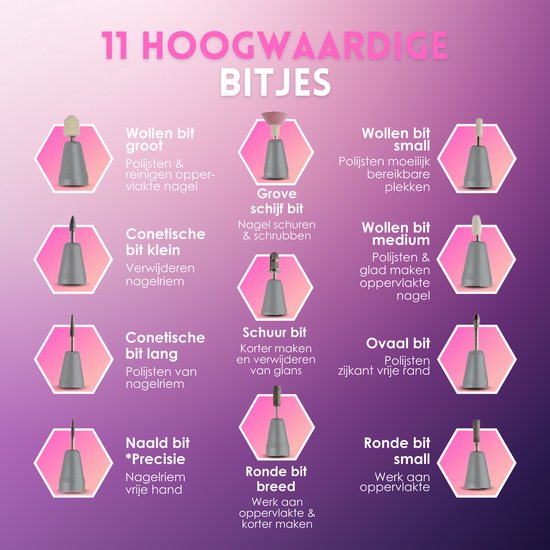 Beeperfect® Elektrische Nagelvijl - Nagelfrees - Manicure en Pedicure set - 11 Bitjes en 60 Schuurrolletjes
