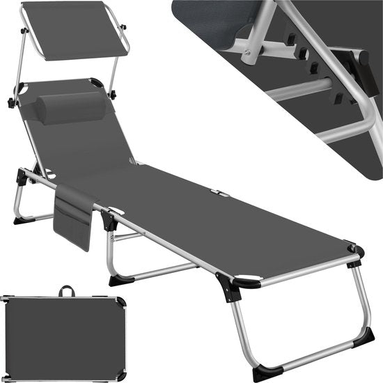 tectake® Ligbed Aurelie met zonneluifel en hoofdkussen - Ligstoel - Zonnebed - Opklapbare balkonligstoel van aluminium - Weerbestendige tuinligstoel voor tuin, balkon, camping en strand - Verstelbare rugleuning met kussen - Antraciet