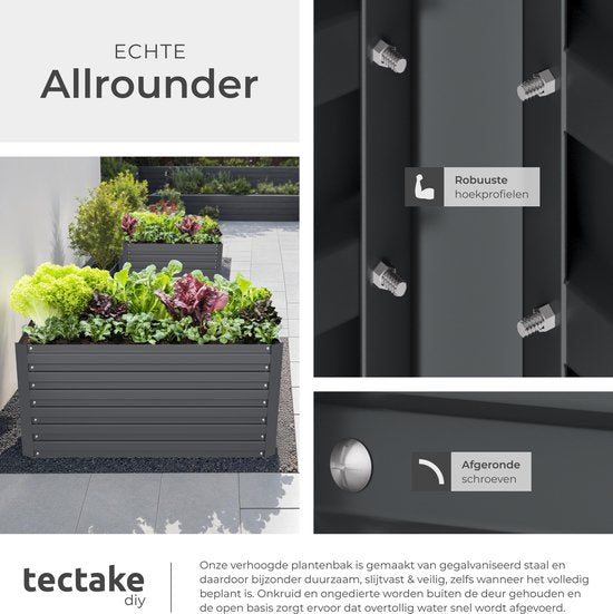 tectake® Verhoogde Plantenbak Blomma - Bloembakken voor buiten Rechthoekig - Inclusief Werkhandschoenen - Verzinkt Staal - Stabiel en Weerbestendig - 120 x 100 x 56 cm - Tuinbed voor Kruiden, Groenten en Bloemen - Antraciet