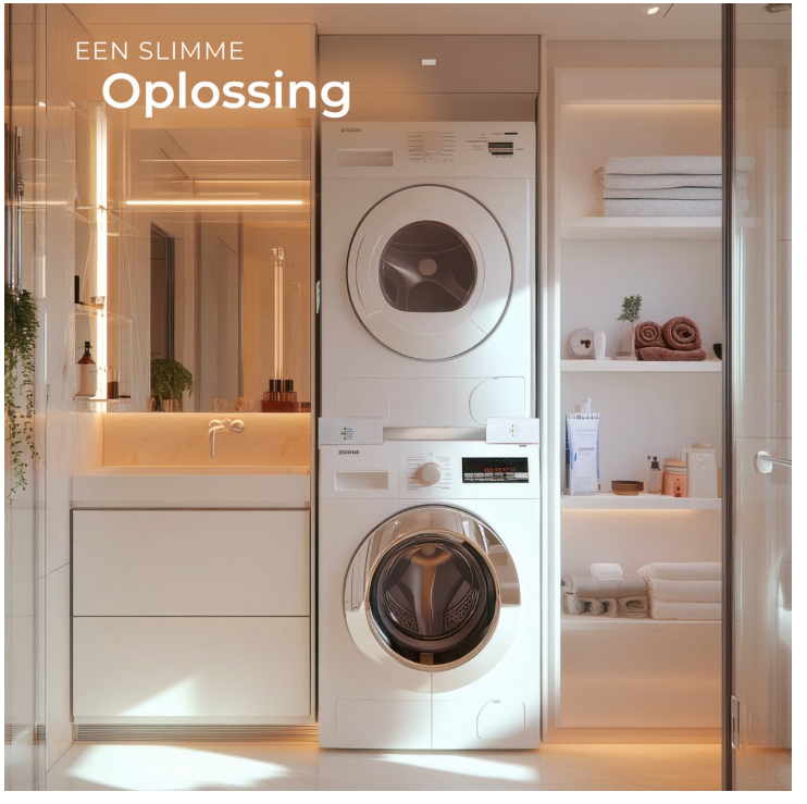 Tectake – Tussenstuk Wasmachine & Droger – Universele Stapelkit – Wit Staal – Met Schuimrubberkussens & Spanband – Ruimtebesparend & Stabiel – Veilig Stapelen