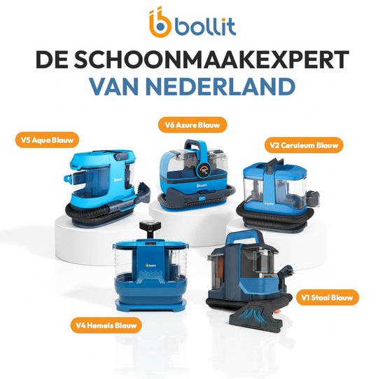 BOLLIT 4-in-1 Tapijtreiniger XL 1800W Ultra - Stoomreiniger en Vlekkenreiniger - 100° Stoom - Bankreiniger - Meubelreiniger - Handstomer - Matrasreiniger - Zetelreiniger - Reiniger voor auto, bank, vloer, en tapijt (V6 Azure Blauw)