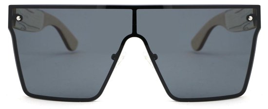 Bluxer® Zonnebril - Hippe Zonnebril Gepolariseerd - UV400 Lens - Oversize RVS Frame - Ebony Veneer Wood - Grijze Lens