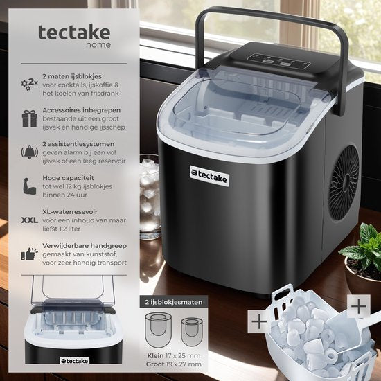 tectake® IJsblokjesmachine Arctic - 1,2L - 2 IJsblokjes Formaten - IJsmachine - Ice cube maker - IJsblokjesmaker met IJsschep - Zwart