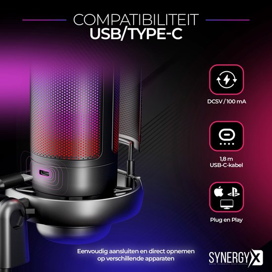 SynergyX SonicFlex Pro Microfoon - USB Gaming Microfoon Met Arm - PC-Gaming - Geschikt voor PC/PS4/PS5 - RGB - Podcast - Gaming - Streaming - Zwart