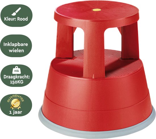 BRASQ Opstapkrukje Rood ST200 - Verrijdbaar - Draagvermogen 150 kg - Opstapkruk - Opstapje - Opstapkrukje volwassenen - Olifantenvoet