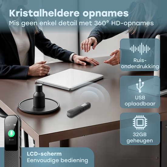 Audyn Voice Recorder Digitaal - 400 Uur Audio Opname - Afluisterapparatuur op Afstand - Dictafoon - 360° HD Opnames - Zwart