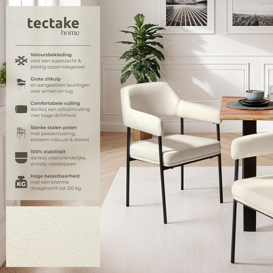 tectake® Eetkamerstoel met armleuning - Fluweelzachte stof - Gestoffeerd met stalen poten - set - div kleuren - Set van 2 stoelen - Offwhite met zwarte poten