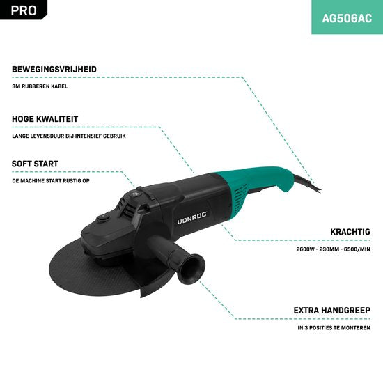 VONROC PRO Haakse Slijper - 2600W – Ø230mm – soft start - voor steen, beton en staal - incl. zijhandgreep - 3 meter kabel