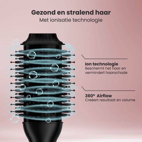 Auronic 4-in-1 Föhnborstel - Airstyler - Kammen - Stijlen - Krullen - Föhnen - 37 mm Krulborstel - 360 Graden Airflow - Zwart/Roze