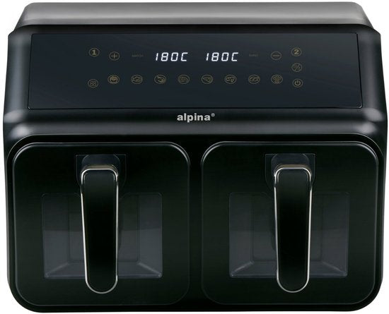 alpina Dubbele Airfryer XXL - Heteluchtfriteuse 2x4L - Air Fryer met Digitaal Touchscreen - Heteluchtoven voor 6 Personen en Meer - 8 Kookprogramma's - Sync-Modus - Timer Functie