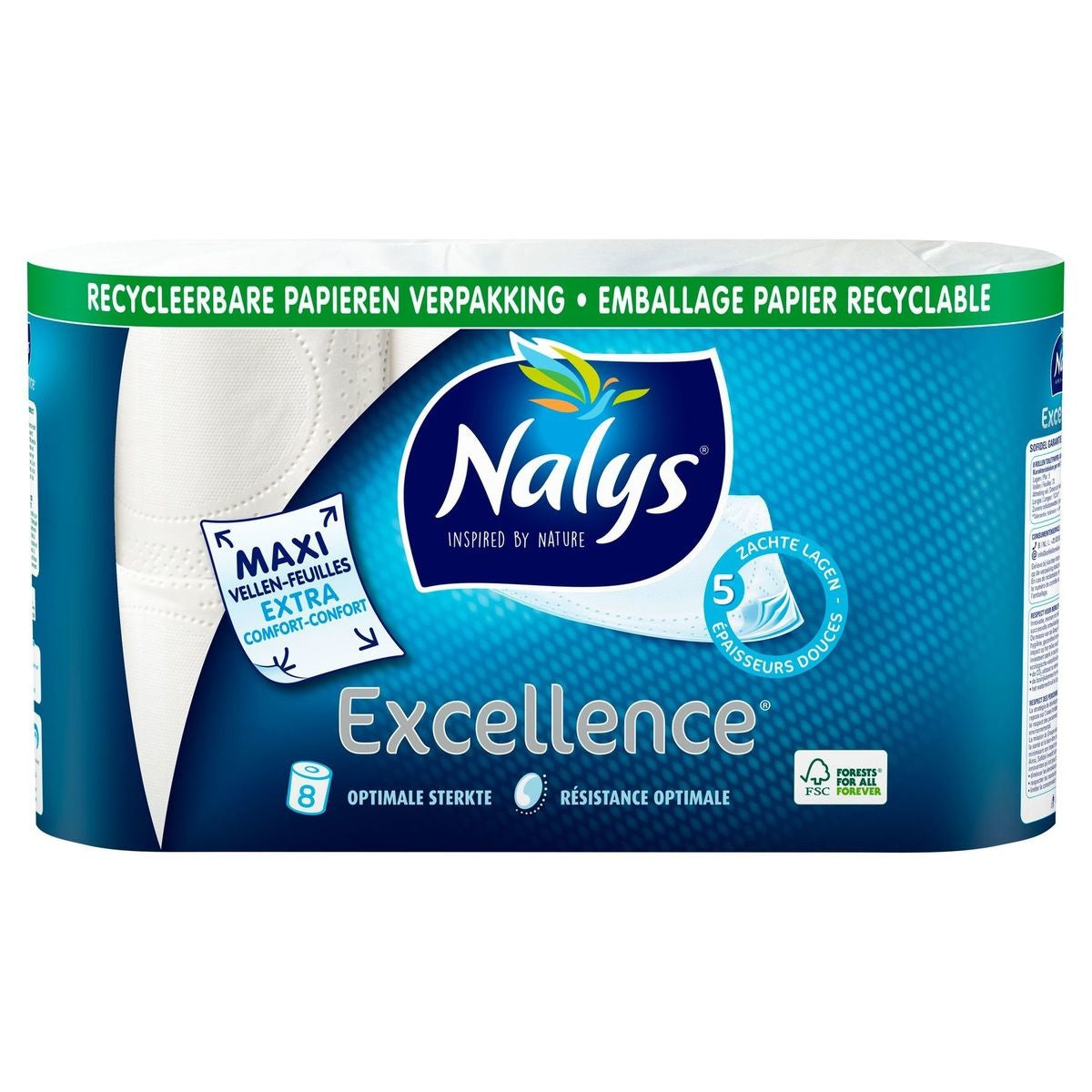 Nalys Excellence Toiletpapier 5-laags Maxi-Vel – 8 Rollen – Wit – 14 x 11,5 cm per vel